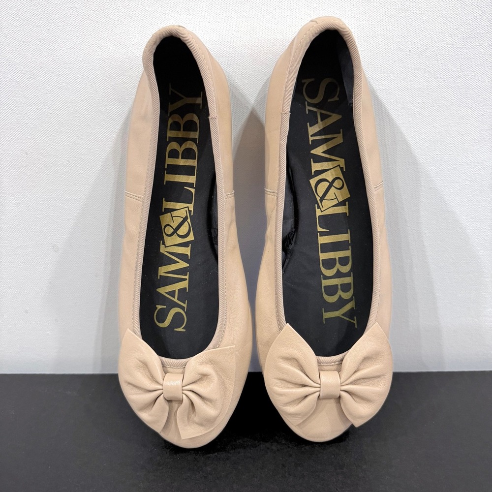 Vintage Sam & Libby Bow Ballet Flats Nude Blush Leather Size 8 Coquette 90s